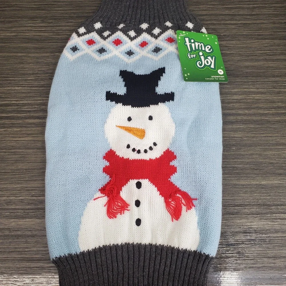 Time For Joy Medium Pet Winter Christmas Sweater With Snowman Light Blue